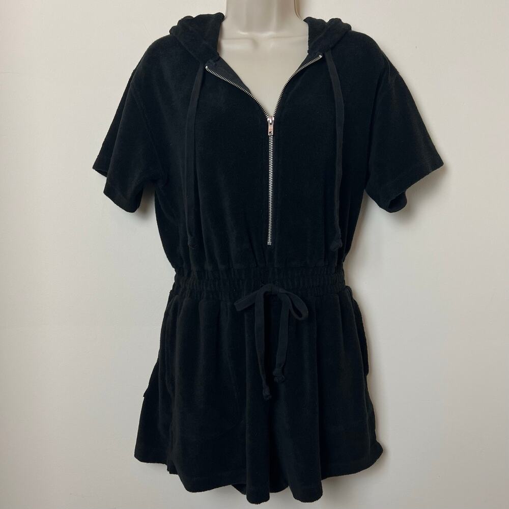 American Eagle Retro Black Terry Cloth Hooded Short Sleeve Zip-Up Romper Small